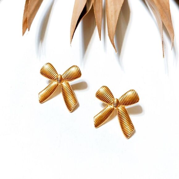 Gold bow stud earrings S471 - Picture 2 of 4